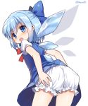  1girl ass bloomers blue_bow blue_dress blue_eyes blue_hair bow cirno cowboy_shot dress from_behind hair_bow ice ice_wings leaning_forward looking_at_viewer looking_back mauve open_mouth puffy_short_sleeves puffy_sleeves short_dress short_hair short_sleeves solo touhou twitter_username underwear wings 