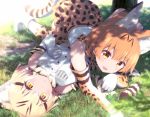  2girls :&lt; :d animal_ears bare_shoulders blonde_hair blurry blush bow bowtie cat_ears cat_tail dappled_sunlight day depth_of_field elbow_gloves eyebrows_visible_through_hair fang gloves grass haribote_(tarao) kemono_friends looking_at_viewer lying lying_on_person multicolored_hair multiple_girls on_back on_stomach open_mouth outdoors paw_pose revision sand_cat_(kemono_friends) serval_(kemono_friends) serval_ears serval_print serval_tail shade shirt short_hair skirt sleeveless smile streaked_hair sunlight tail thigh-highs tree_shade white_shirt yellow_eyes 