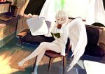  1girl bare_legs book chair couch cup curtains highres homo_1121 indoors kishin_sagume legs pillow plant potted_plant reading red_eyes silver_hair single_wing sitting slippers solo touhou water window wings 