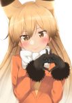  1girl absurdres animal_ears black_gloves brown_eyes brown_hair commentary_request ezo_red_fox_(kemono_friends) fox_ears gloves go-1 highres kemono_friends long_hair looking_at_viewer necktie simple_background smile solo white_background 