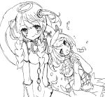  2girls blush feathers greyscale highres mahou_shoujo_ikusei_keikaku mahou_shoujo_ikusei_keikaku_limited micro_(micronm) monochrome multiple_girls postarie rain_pou smile 