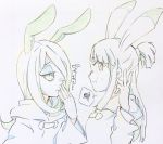  2girls animal_ears bunny_nose covering_mouth eyeshadow hair_over_one_eye hand_over_own_mouth ichigo_choco kagari_atsuko little_witch_academia long_hair makeup multiple_girls rabbit_ears simple_background sketch smile sucy_manbavaran sweatdrop 