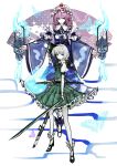  2girls absurdres full_body highres konpaku_youmu konpaku_youmu_(ghost) looking_at_viewer multiple_girls saigyouji_yuyuko saigyouji_yuyuko&#039;s_fan_design touhou yutapon 