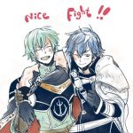  2boys armor blue_hair cape english ephraim fire_emblem fire_emblem:_kakusei fire_emblem:_seima_no_kouseki krom lowres multiple_boys outstretched_arms pauldrons short_hair simple_background smile thumbs_up white_background 