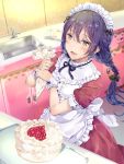  1girl :d alternate_hairstyle apron bangs black_ribbon blue_hair bow braid cake center_frills commentary_request dress food frilled_apron frilled_cuffs frilled_shirt_collar frills hair_bow heart highres hinausa kitchen light_blush long_hair looking_at_viewer love_live! love_live!_school_idol_project maid_headdress open_mouth pastry_bag ribbon short_sleeves single_braid sink smile solo sonoda_umi tray wrist_cuffs yellow_eyes 