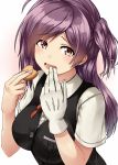  1girl ahoge brown_eyes commentary_request cookie food hagikaze_(kantai_collection) highres holding kamelie kantai_collection long_hair looking_at_viewer one_side_up purple_hair school_uniform simple_background solo white_background 