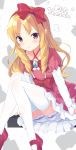  1girl :t blonde_hair blush bow brown_eyes character_name commentary_request dress drill_hair eromanga_sensei hair_bow hairband highres kotonoha_zaja lolita_fashion long_hair looking_at_viewer pointy_ears red_bow ribbon sitting solo thigh-highs twin_drills white_legwear yamada_elf 