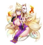  1girl animal_ears blonde_hair blue_eyes breasts cleavage detached_sleeves dress fire fox_ears fox_tail full_body large_breasts long_hair mask mask_on_head multiple_tails nail_polish pelvic_curtain simple_background smile solo tail white_background white_legwear 