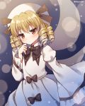  1girl black_bow blonde_hair blush bow brown_eyes drill_hair fairy_wings hat looking_at_viewer luna_child mauve short_hair sleeves_past_wrists solo touhou twitter_username wide_sleeves wings 