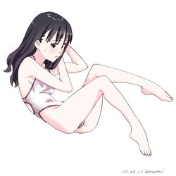  1girl arumi_(arumi-ke) ass barefoot black_eyes black_hair blush breasts long_hair one-piece_swimsuit original simple_background solo sweatdrop swimsuit white_background white_swimsuit 