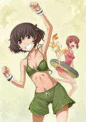  2girls :0 :d akiyama_yukari arm_above_head bikini breasts brown_eyes brown_hair cleavage crab girls_und_panzer highres innertube medium_breasts messy_hair miyo_(13th_floor) multiple_girls nishizumi_miho one-piece_swimsuit open_mouth short_hair shorts smile swimsuit wristband 