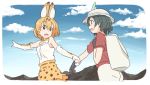  2girls animal_ears backpack bag bare_shoulders black_gloves black_hair blonde_hair blue_sky blush bow bucket_hat cat_ears clouds cloudy_sky day elbow_gloves gloves hat hat_feather holding_hand kaban kasa_list kemono_friends looking_at_another mountain multiple_girls open_mouth outdoors pointing pointing_forward red_shirt serval_(kemono_friends) serval_ears serval_print serval_tail shirt short_hair skirt sky sleeveless smile tail yellow_eyes 