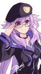  1girl absurdres blush breasts character_request choker choujigen_game_neptune glasses hat highres hood hoodie large_breasts neptune_(series) purple_hair rakki salute signature smile solo violet_eyes 