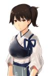  1girl bow brown_eyes brown_hair expressionless flight_deck hair_between_eyes hair_bow hakama hakama_skirt japanese_clothes kaga_(kantai_collection) kantai_collection looking_at_viewer side_ponytail simple_background sketch upper_body v_arms wa_(genryusui) white_background 