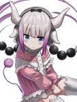  1girl blue_eyes capelet commentary_request dragon_girl dragon_horns dragon_tail geisha-geisha- hair_bobbles hair_ornament hairband horns kanna_kamui kobayashi-san_chi_no_maidragon lavender_hair long_hair looking_at_viewer low_twintails simple_background slit_pupils solo tail thigh-highs twintails v_arms white_background white_legwear zettai_ryouiki 