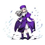  1girl boots divine_gate fate/stay_night fate_(series) frilled_skirt frills full_body hat head_tilt illyasviel_von_einzbern long_hair looking_at_viewer official_art open_mouth purple_boots purple_hat red_eyes silver_hair skirt skirt_hold solo transparent_background ucmm white_skirt 
