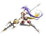 1girl ass blue_hair boots breasts detached_sleeves full_body high_heels holding holding_weapon huge_weapon large_breasts long_hair official_art open_mouth phantom_of_the_kill polearm sideboob simple_background spear takenaka_iku thigh-highs thigh_boots very_long_hair weapon white_background 