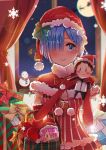  1girl apple black_hair blue_eyes blue_hair blurry capelet character_doll chibi depth_of_field elbow_gloves food fruit gloves hair_over_one_eye hat highres holding looking_at_viewer merry_christmas natsuki_subaru picnic_basket pink_eyes pink_hair ram_(re:zero) re:zero_kara_hajimeru_isekai_seikatsu red_gloves rem_(re:zero) santa_hat slass smile solo window 