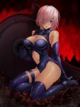  1girl :d backlighting bare_shoulders black_shoes blush breasts cleavage cleavage_cutout elbow_gloves eyebrows_visible_through_hair eyes_visible_through_hair fate_(series) gloves hair_over_one_eye high_heels highres large_breasts looking_at_viewer navel_cutout open_mouth parted_lips pink_hair purple_gloves purple_legwear rock shield shielder_(fate/grand_order) shiny shiny_skin shoes short_hair sitting smile taru_neko thigh_strap thighs violet_eyes yokozuwari 