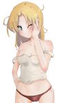  absurdres artist_request blonde_hair blue_eyes blush bow bow_panties breasts cleavage cowboy_shot girls_und_panzer groin hand_on_hip highres kay_(girls_und_panzer) long_hair medium_breasts messy_hair midriff navel panties shirt sketch smile strap_slip tank_top underwear white_background white_shirt 