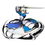  1girl armor armored_boots armored_dress arms_up blonde_hair blue_ribbon boots divine_gate eyebrows_visible_through_hair fate/stay_night fate_(series) full_body green_eyes hair_ribbon holding holding_sword holding_weapon official_art ribbon saber shadow short_hair sidelocks solo sword transparent_background ucmm weapon 