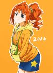  1girl 2016 aqua_eyes brown_hair hands_in_pocket hood hoodie idolmaster looking_at_viewer orange_background ponytail simple_background skirt smile solo star takatsuki_yayoi yamaguchi_satoshi 