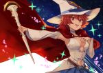  1girl belt blue_skirt breasts cape choker cleavage detached_sleeves hand_on_own_chest hat highres large_breasts little_witch_academia looking_at_viewer navel navel_cutout night open_mouth pleated_skirt red_cape red_eyes redhead shiny_chariot shiny_rod short_hair skirt sky smile solo sparkle star_(sky) starry_sky thigh-highs wide_sleeves witch witch_hat 