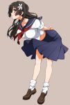  1girl black_hair blue_eyes flower full_body grey_background hair_flower hair_ornament hatakenaka_(kamagabuchi) leaning_forward loafers long_hair saten_ruiko school_uniform serafuku shoes simple_background socks solo to_aru_kagaku_no_railgun to_aru_majutsu_no_index white_legwear 