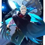  1boy blue_eyes butterfly chains facial_hair fate/grand_order fate_(series) formal james_moriarty_(fate/grand_order) looking_at_viewer male_focus moon mustache night short_hair smile solo suit vest weapon 
