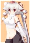  1girl animal_ears armpits bare_shoulders blush breasts detached_sleeves dog_days dog_ears hat holding holding_sword holding_weapon inubashiri_momiji long_sleeves looking_at_viewer midriff navel red_eyes short_hair smile solo sword tokin_hat touhou wardrobe_malfunction weapon white_hair 