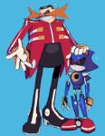  2boys animal_ears bald black_footwear black_pants black_sclera blue_armor blue_background blue_fur boots colored_sclera dr._eggman english_commentary eyewear_on_head facial_hair fake_animal_ears fake_claws full_body glasses gloves hand_on_another&#039;s_head hands_up hedgehog hedgehog_ears jacket long_sleeves looking_at_another looking_to_the_side looking_up male_focus metal_sonic motobug multiple_boys mustache no_mouth pants pointy_nose red_eyes red_jacket robot round_eyewear simple_background smile sonic_(series) standing star_(symbol) sweat sweatdrop teeth white_gloves 