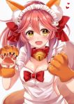  1girl :d animal_ears bell blush breasts cat_hair_ornament cleavage collar fang fate/extra fate/grand_order fate_(series) fox_ears fox_tail gloves hair_ornament heart maid_headdress open_mouth paw_gloves paws pink_hair sakura_hiyori smile solo tail tamamo_(fate)_(all) tamamo_cat_(fate) yellow_eyes 