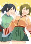  2girls ^_^ ^o^ black_hair brown_hair closed_eyes green_hakama green_kimono hair_ribbon hakama hiryuu_(kantai_collection) japanese_clothes kantai_collection kimono masukuza_j multiple_girls one_side_up open_mouth ribbon short_hair smile souryuu_(kantai_collection) twintails white_ribbon yellow_kimono 