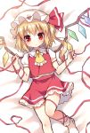  1girl ascot blonde_hair blush flandre_scarlet hat long_hair looking_at_viewer lying mauve on_back red_eyes red_ribbon ribbon side_ponytail sketch socks solo touhou wings 