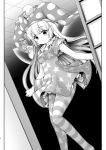  1girl absurdres american_flag_dress american_flag_legwear clownpiece dress fairy_wings greyscale hat highres jester_cap long_hair monochrome neck_ruff pantyhose polka_dot short_dress short_sleeves sliding_doors solo star striped tomoki_tomonori touhou very_long_hair wings 