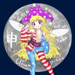  1girl 2016 adapted_costume american_flag american_flag_legwear blonde_hair blush breasts character_name clownpiece collarbone detached_sleeves fairy_wings full_moon happy_new_year hat jester_cap long_hair looking_at_viewer moon new_year no_bra obi polka_dot sash small_breasts smile solo standing star star_print striped touhou translated v very_long_hair violet_eyes wide_sleeves wings yakumo_kuroo 