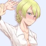  1girl azumane_ryou blue_eyes blush breasts cleavage darjeeling girls_und_panzer grey_background looking_at_viewer medium_breasts nose_blush open_clothes open_shirt restrained shirt short_hair sketch solo_focus upper_body wavy_mouth wrist_grab 