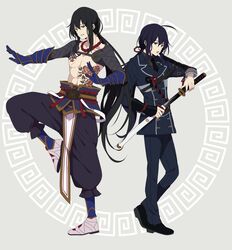  2boys ahoge anzai105 armor black_hair chest_tattoo crossover fate/grand_order fate_(series) flower gauntlets japanese_armor look-alike male_focus military military_uniform multiple_boys nagatekkou namazuo_toushirou necktie open_mouth ponytail sheath shirtless smile sode standing standing_on_one_leg sword tattoo touken_ranbu uniform unsheathing violet_eyes wakizashi weapon yan_qing_(fate/grand_order) yellow_eyes 