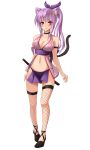  1girl absurdres alternate_costume amagi_(amagi626) animal_ears blush breasts cat_ears cat_tail cleavage crescent crescent_hair_ornament embarrassed fishnets floral_print full_body hair_ornament hair_ribbon highres large_breasts loincloth long_hair looking_at_viewer midriff navel ninja patchouli_knowledge pelvic_curtain ponytail purple_hair ribbon see-through shoes simple_background solo standing sword tail touhou violet_eyes weapon white_background 