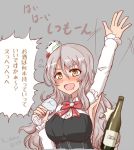  1girl arm_up armpits blush bottle bow bowtie breasts cup drinking_glass drooling drunk grey_background hat kantai_collection kihou_no_gotoku_dmc large_breasts light_brown_hair long_hair long_sleeves mini_hat pola_(kantai_collection) red_bow red_bowtie shirt simple_background solo speech_bubble translation_request white_shirt wine_bottle wine_glass yellow_eyes 