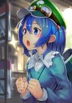  1girl backpack bag blue_eyes blue_hair blush goggles goggles_on_headwear hair_bobbles hair_ornament hat highres kawashiro_nitori long_sleeves open_mouth short_hair solo sparkle sukocchi touhou twintails two_side_up 