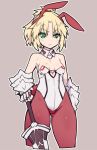  1girl animal_ears blonde_hair breasts bunny_girl bunny_tail cropped_legs detached_collar eyebrows_visible_through_hair fake_animal_ears fate/apocrypha fate_(series) gauntlets green_eyes leotard pantyhose rabbit_ears red_legwear saber_of_red short_ponytail simple_background small_breasts solo stroma sweatdrop sword tail weapon 