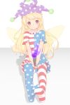  1girl american_flag_dress american_flag_legwear bangs blonde_hair clownpiece dress fairy_wings fire full_body hat head_tilt jester_cap long_hair neck_ruff pantyhose polka_dot red_eyes sakurea short_dress short_sleeves sitting smile solo star star_print striped torch touhou two-tone_background v_arms wings 