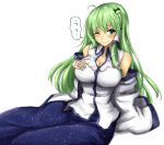 1girl ahoge amagi_(amagi626) bare_shoulders blush breasts cleavage cream cream_on_face detached_sleeves food food_on_face frog_hair_ornament frown green_eyes green_hair hair_ornament hair_tubes hand_on_own_chest highres kochiya_sanae large_breasts long_hair looking_at_viewer nontraditional_miko one_eye_closed simple_background sitting sketch skirt snake_hair_ornament solo touhou white_background 