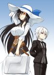  1boy 1girl age_difference arms_behind_back black_hair bow breasts butler corset dress formal hair_over_one_eye hat hat_bow koike_(shiro_maru) large_breasts long_hair looking_at_viewer necktie original red_eyes shiro_maru smile suit suitcase sun_hat very_long_hair white_dress white_hair yellow_eyes 