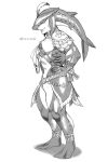  1boy anklet biceps bracer epaulettes feathers fingernails fins full_body gills greyscale jewelry looking_at_viewer male_focus monochrome monster_boy muscle navel pectorals sash sharp_fingernails sidon simple_background smile solo the_legend_of_zelda the_legend_of_zelda:_breath_of_the_wild thighs twitter_username white_background zerusagi zora 