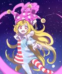  1girl aliun american_flag_dress american_flag_legwear blonde_hair clownpiece dress fairy_wings fang fire hat holding jester_cap long_hair looking_at_viewer neck_ruff open_mouth pantyhose polka_dot red_eyes short_dress short_sleeves sky smile solo star star_(sky) star_print starry_sky striped torch touhou very_long_hair wings 