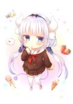  1girl blue_eyes candy chihiro_(khorosho) commentary_request dragon_girl dragon_horns dragon_tail finger_to_mouth food fruit hair_bobbles hair_ornament hairband highres horns ice_cream kanna_kamui kobayashi-san_chi_no_maidragon lavender_hair lollipop long_hair looking_at_viewer low_twintails panties pantyshot pleated_skirt school_uniform serafuku skirt solo strawberry tail twintails underwear white_legwear 