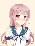  &gt;:&gt; 1girl alternate_hairstyle braid commentary_request flying_sweatdrops french_braid hanazome_dotera kantai_collection long_hair pink_eyes pink_hair sazanami_(kantai_collection) school_uniform serafuku solo 