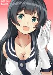  1girl agano_(kantai_collection) aqua_eyes artist_name bare_shoulders black_hair blush breasts cleavage collarbone dated elbow_gloves eyebrows_visible_through_hair gloves gradient gradient_background hand_up highres kamelie kantai_collection large_breasts long_hair looking_at_viewer open_mouth red_background sailor_collar solo waving white_gloves 